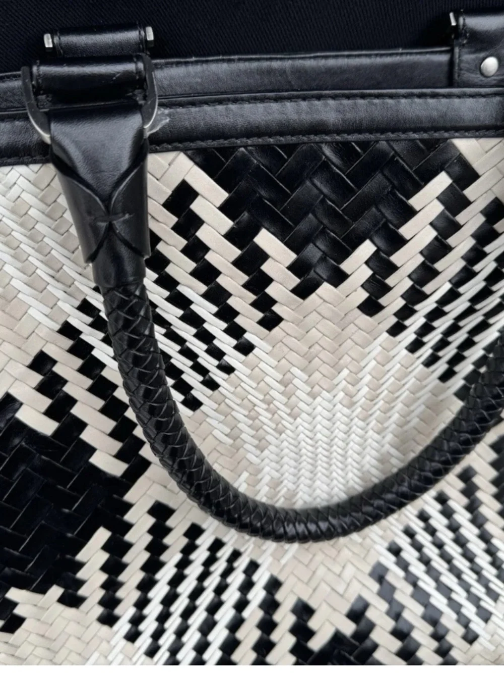Cole Haan Black/Cream Woven genuine leather BrandNEw W/out tag East West tote